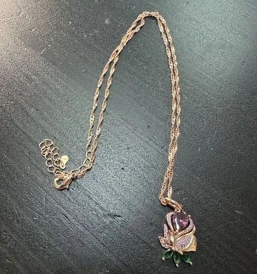 585 14K RG Stamped Purple Green Swan Gemstone Pendant 19” Necklace Clasp Chain - Image 1 of 4