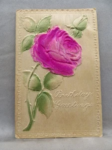 Vintage Embossed Postcard Birthday Greetings Applied Pink Rose Posted 1911 - Picture 1 of 2
