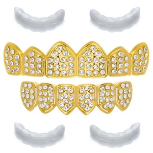 Iced Out GRILLZ Gold Tone Top Bottom Teeth Caps Hip Hop Bling Extra Bar LS 617 G - Picture 1 of 15