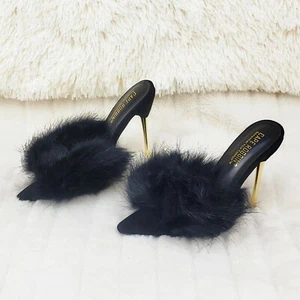Fuji pelzige spitze Zehenpartie Slipper 4,5" goldfarbene schmale Absätze schwarz - Bild 1 von 12