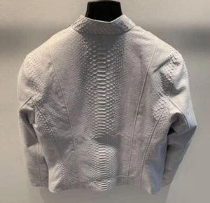 Men's Biker Snakeskin Embossed Jacket Dragon Python White Moto Leather Jacket - Picture 1 of 3