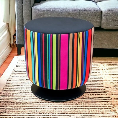 Multicoloured Stripe Fabric Foot Stool Round Footrest Spinning Upholstered Soft - Image 1 of 4