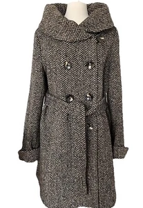 Ellen Tracy Coat Womens 16  Tweed Herringbone Belt Wool Brown Cowl Neck Shawl - Picture 1 of 18
