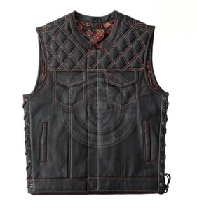Men's Black Vest Leather Motorcycle with Orange Paisley Lining Two Color Stitch - Picture 1 of 4