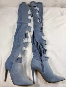 Womens Jean Denim canvas 6.5 Mid Calf Boots Rouge Low Heels Cowboy Shoes Vintage - Picture 1 of 7