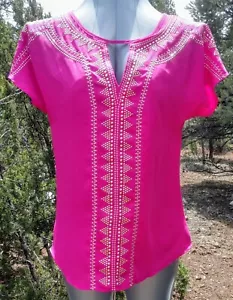 Neu mit Etikett Miami SS leuchtend rosa Top Stickerei Nieten Knopfverschluss Small normal - Bild 1 von 10