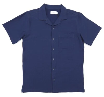 Camisa de manga corta ONIA para hombre M calce ajustado elástica Seersucker cuello de campamento azul marino Foto 1 de 4