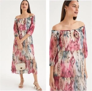 * BNWT ET VOUS Tie Dye Bardot Midi Dress Holiday Cruise Party sz 12 (G825/307)