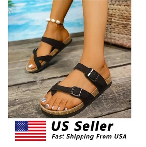 Women'S Flat - Heeled Cork Sandals With Toe - Straps, Summer Cross - Strap Sanda - Picture 1 of 15