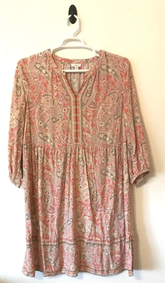 J. Jill  A-Line Peasant Dress Size Large Coral Elegant Paisley Mix Split Neck - Image 1 of 4