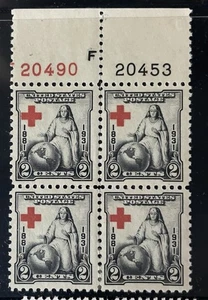 Scott 702, 2c Red Cross, Plate block/4, Top #s20490(R)/20453(B) MNH Free Ship - Picture 1 of 1