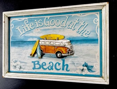 Beach Combers Wood Sign Volkswagen Bus “life Is Good At The Beach” 17x12” Read - Image 1 of 4
