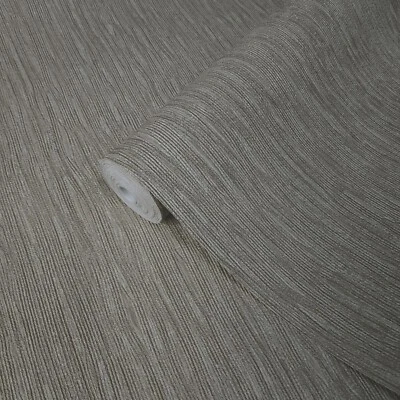 Modern Wallpaper Brown Taupe faux fabric plain stria lines textured wallcovering - Image 1 of 4