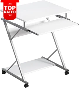 60cm White Computer Desk Z Shape Steel Frame Laptop Table Office with Wheels - Picture 1 of 12