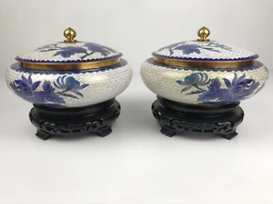 Vintage Hand Made Chinese Cloissonne Ware Wide Mouth Vases w/ Wood Stands, 1970s - Picture 1 of 11