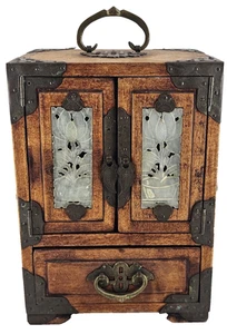 Vintage chinesische Palisander Schmuckschatulle mit Jadeplatten Messingbesatz & Seidenfutter - Bild 1 von 20