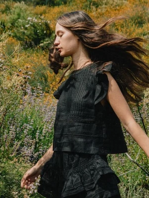 ANTHROPOLOGIE MAIA BERGMAN Sz XS • Claudia Black Short Sleeve Linen Top Blouse - image 1 of 4