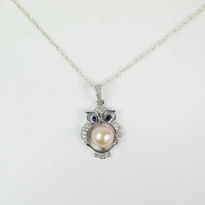 Colar pingente coruja cara sábio pérola corrente corda prata esterlina pérolas Vantel - Imagem 1 de 4