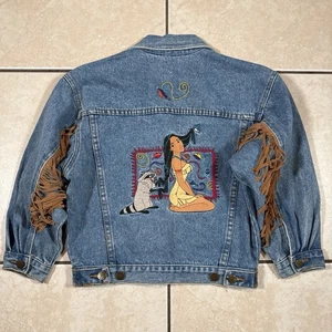 Vintage 90s The Disney Store Denim Jean Jacket Pocahontas Girls Medium Fringe - Picture 1 of 20