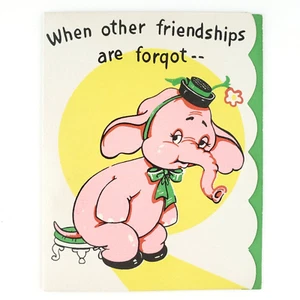 Tarjeta de felicitación de amistad elefante rosa década de 1940 vintage sin usar circo en blanco B407 - Imagen 1 de 6