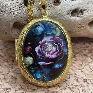 Gold Photo Locket Wedding Keepsake Ash Urn Locket Purple Flower Teal Necklace - Picture 1 of 11