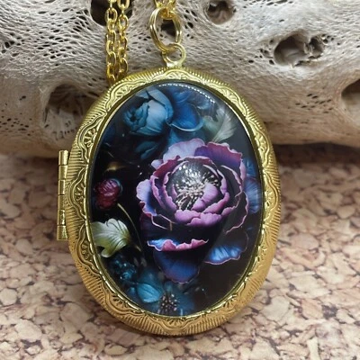 Gold Photo Locket Wedding Keepsake Ash Urn Locket Purple Flower Teal Necklace - Image 1 of 4