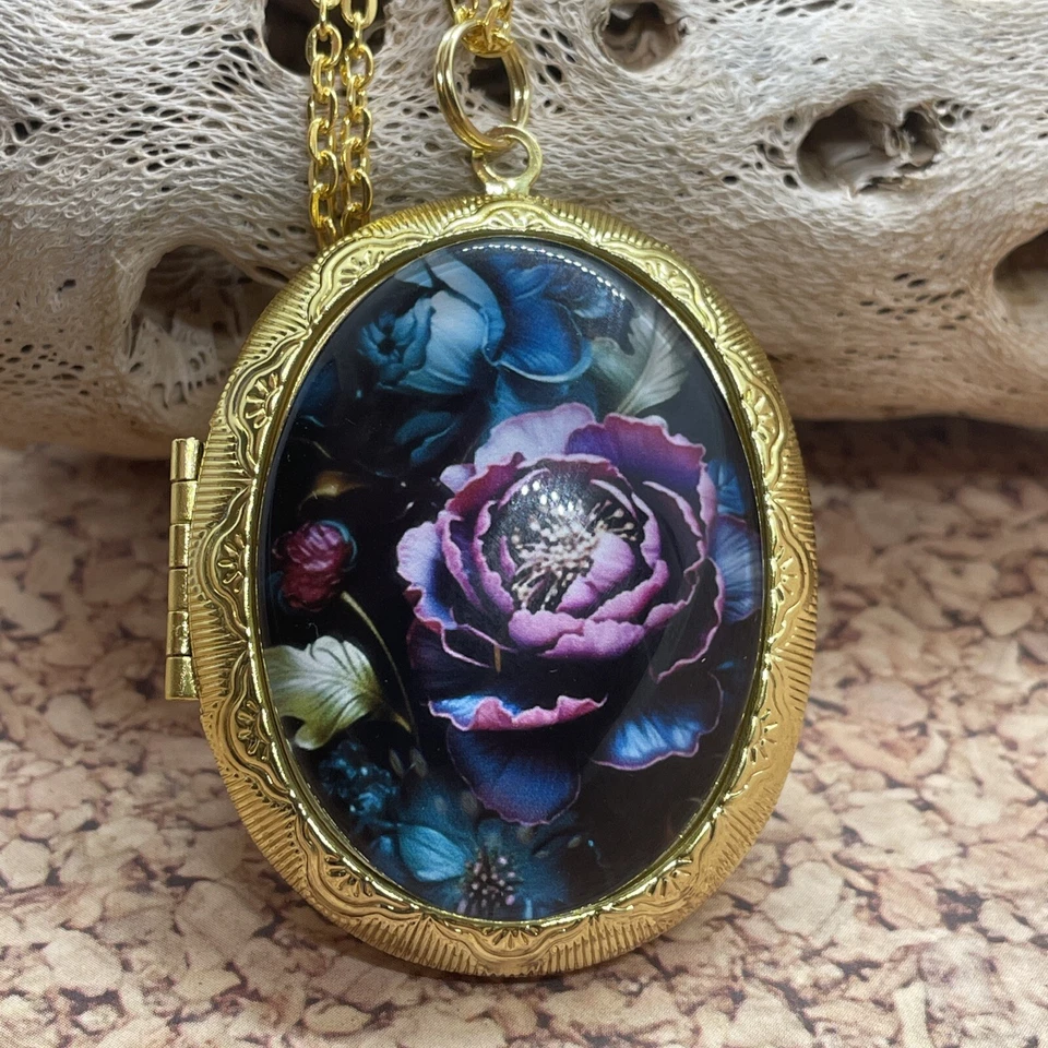 Medallón con foto dorado recuerdo de boda urna de ceniza medallón flor púrpura verde azulado collar Foto 1 de 4