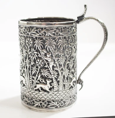 Raj period LUCKNOW SILVER TANKARD, Colonial  India Jungle Engraving - image 1 of 4