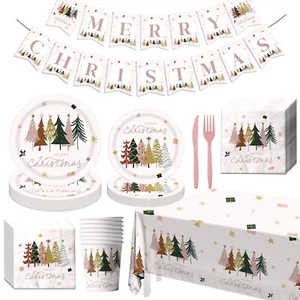 142 Pieces Merry Christmas Party Tableware Set Paper Platesnapkinscups Pink Chri - Picture 1 of 6