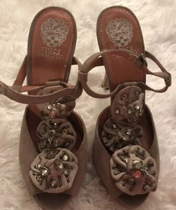 Vince Camuto Platform Embellished Taupe Stilettos Rhinestones Beads 8.5M/38.5 - Picture 1 of 11