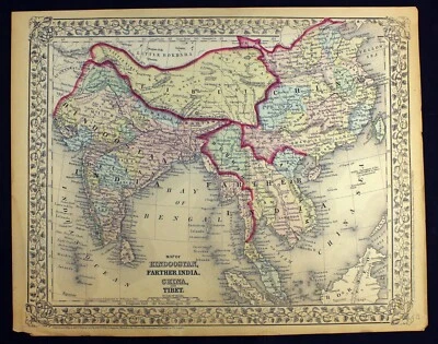 Антикварная цветная карта Индустана Дальней Индии Китая Тибета 1872 г. Митчелл - Изображение 1 из 4