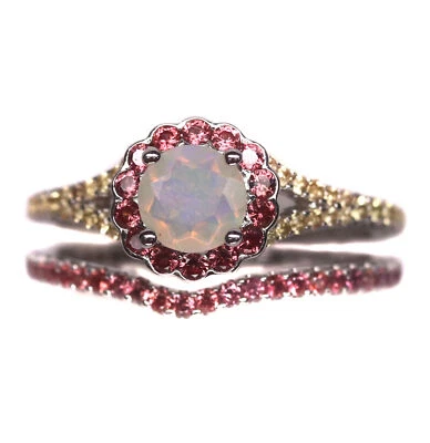 6 mm. White-Rainbow Opal & Sapphire 2Pcs-Ring Silver 925 Sterling Size 7.75 - Image 1 of 4