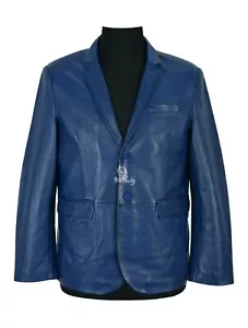 Men's Leather BLAZER Blue 100% Lambskin Classic ITALIAN Tailored Casual Coat - Picture 1 of 6