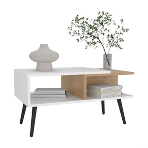 Depot E-Shop Drexel Coffee Table 2 Shelves 4 legs White Natural Oak Wooden - Picture 1 of 7