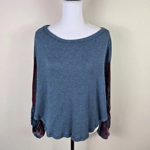 We The Free Sweater Womens XS Teal Thermal Waffle Knit Boho Balloon Sleeve Top - Picture 1 of 16