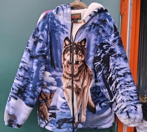 Vtg Trail Crest Mens 2XL Fleece Jacket Y2K All Over Print WOLF Winter Sherpa - Picture 1 of 11