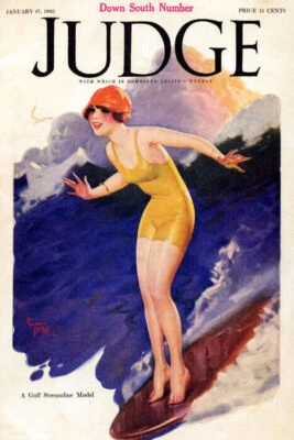 JUDGE MAGAZINE COVER 1923 HAWAII SURF GIRL SURFING USA VINTAGE POSTER REPRO - Image 1 of 3