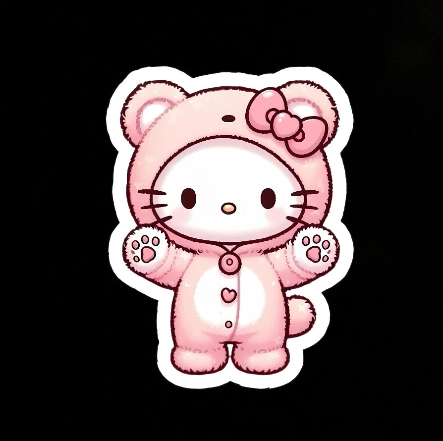 Gatito Gato, Lindo Divertido Oso de Peluche Rosa Hola Adorable Pegatina de Vinilo Brillante, Calcomanía Foto 1 de 1