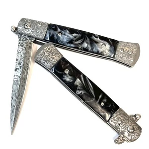 9" Milano Damascus Like Spring Assisted Open marble black Folding Pocket Knife - Picture 1 of 6