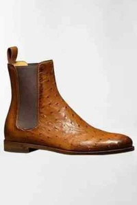 Handmade Ostrich Texture Leather Dress Chelsea Ankle Boots For Men, Mens Shoes - Picture 1 of 6