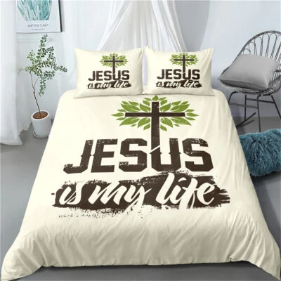 BHOMLY Duvet Quilt Cover Set Pillowcase Single Double Kiing Super King Bed Cross Jesus
