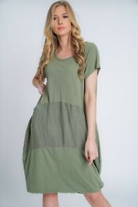 Ladies Italian Lagenlook Linen Panel Insert Scoop Neck Cotton 2 Pocket Dress