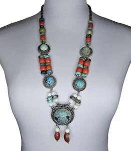 Genuine Untreated Turquoise Coral Carnelian and Sterling Necklace - Picture 1 of 12