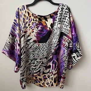 Cache' Abstract Animal Leopard Print Silk Top Dolman Sleeve Artsy 90s Purple S - Picture 1 of 7