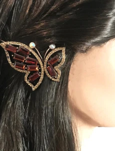 New Gold With Topaz With Amber Austrian Crystal Butterfly 21/2 " Hair Barrette - Picture 1 of 2
