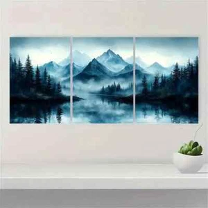 3pcs Abstract Misty Forest & Mountain Landscape Metal Print Ready to Hang Art - Picture 1 of 8