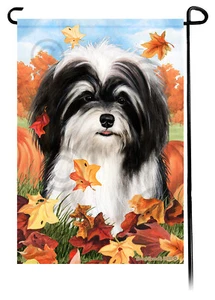 Falling Leaves Garden Flag - Black and White Havanese - Picture 1 of 1