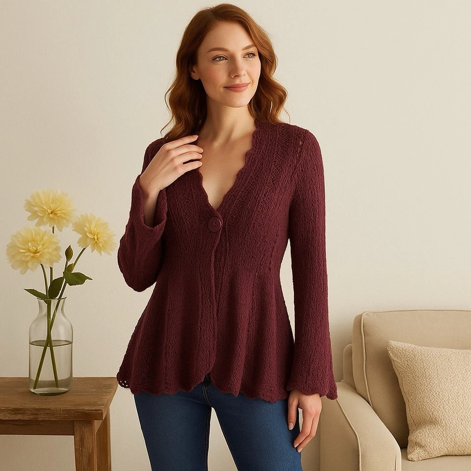 Cardigã Tweeds Feminino 6 Borgonha Crochê Malha Manga Flare Peplum Romântico - Imagem 1 de 4