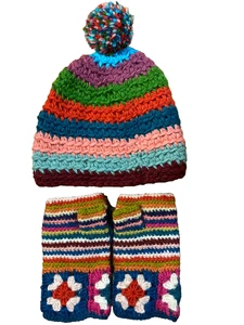 Tara hilado a mano tejido lana sombrero bennie conjunto guantes sin dedos abuela cuadrado - Imagen 1 de 6