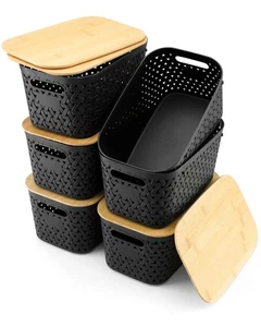 mit Bambusdeckel 6 Stück Kunststoff Organizer Körbe Schwarz Robust - Bild 1 von 5